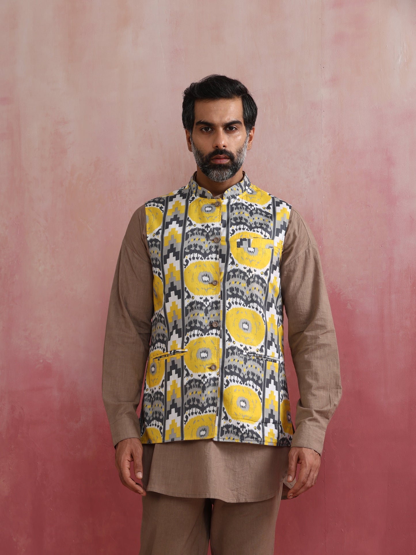 trueBrowns Men's Grey Ikat Print Cotton Reversible Nehru Jacket | Swadesiicart