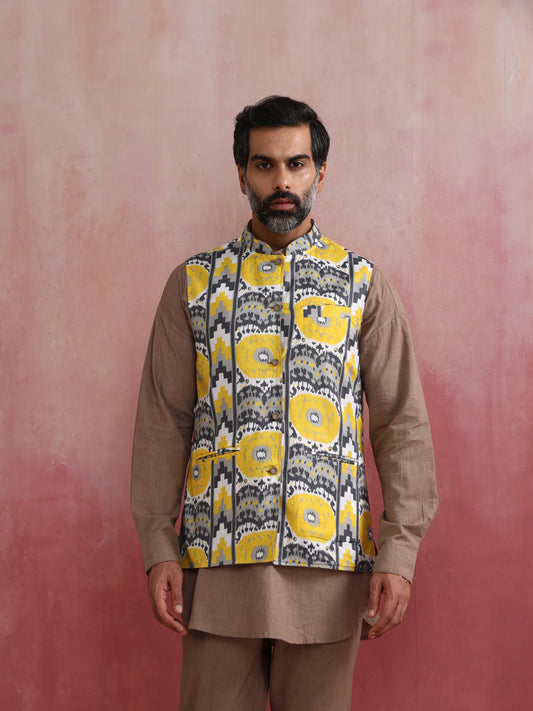 trueBrowns Men's Grey Ikat Print Cotton Reversible Nehru Jacket | Swadesiicart