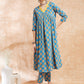 InWeave Women's Blue Orange Floral Yellow White Leh V Neck Kurta Set - Swadesiicart