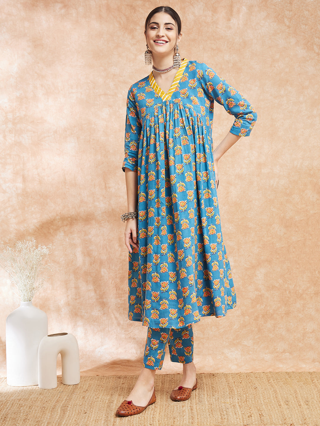 InWeave Women's Blue Orange Floral Yellow White Leh V Neck Kurta Set - Swadesiicart