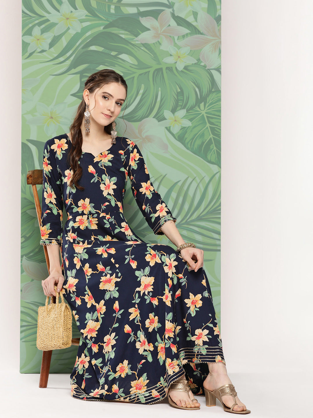 InWeave Women's Black Tropical Print Gota Long Dress - Swadesiicart