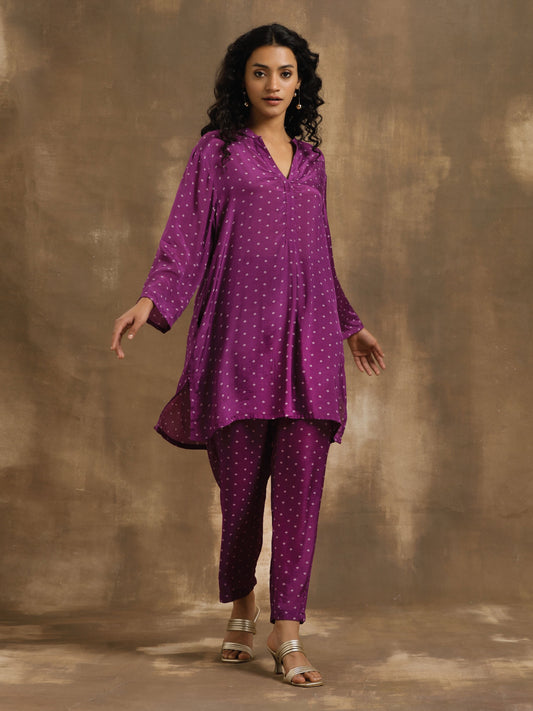 trueBrowns Purple Bandhani Printed Silk Co-Ord Set - Swadesiicart