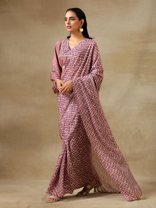 trueBrowns Dark Mauve Bandhani Printed SilkReady to Wear Saree | Swadesiicart