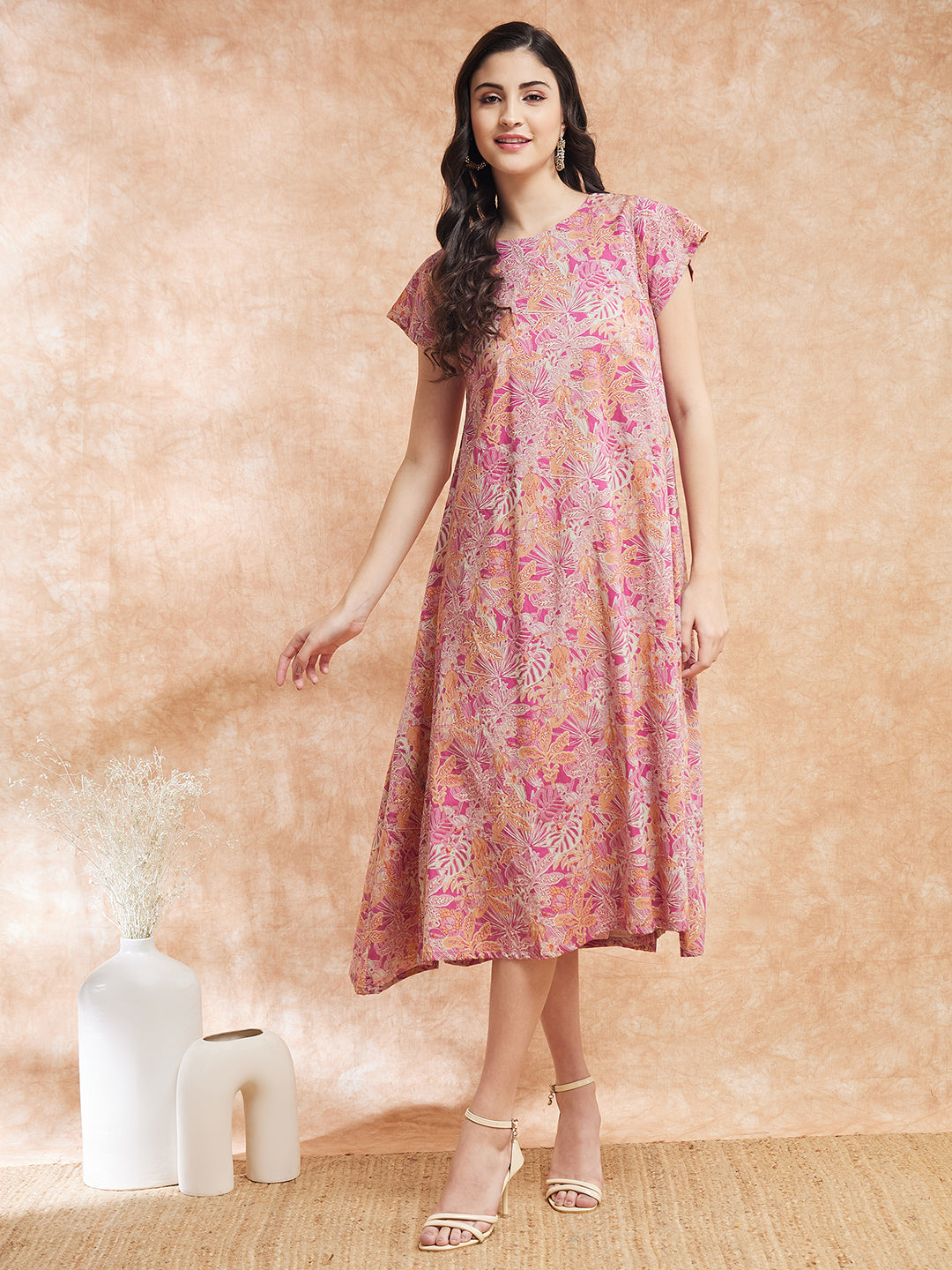InWeave Women's Pink Coral Floral Print A Line Dress - Swadesiicart