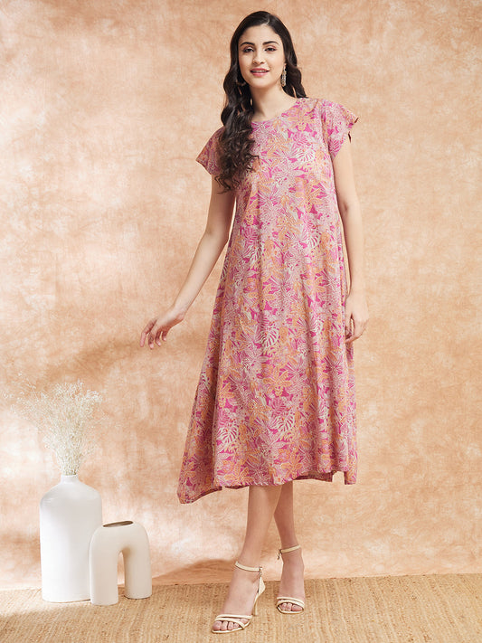 InWeave Women's Pink Coral Floral Print A Line Dress - Swadesiicart