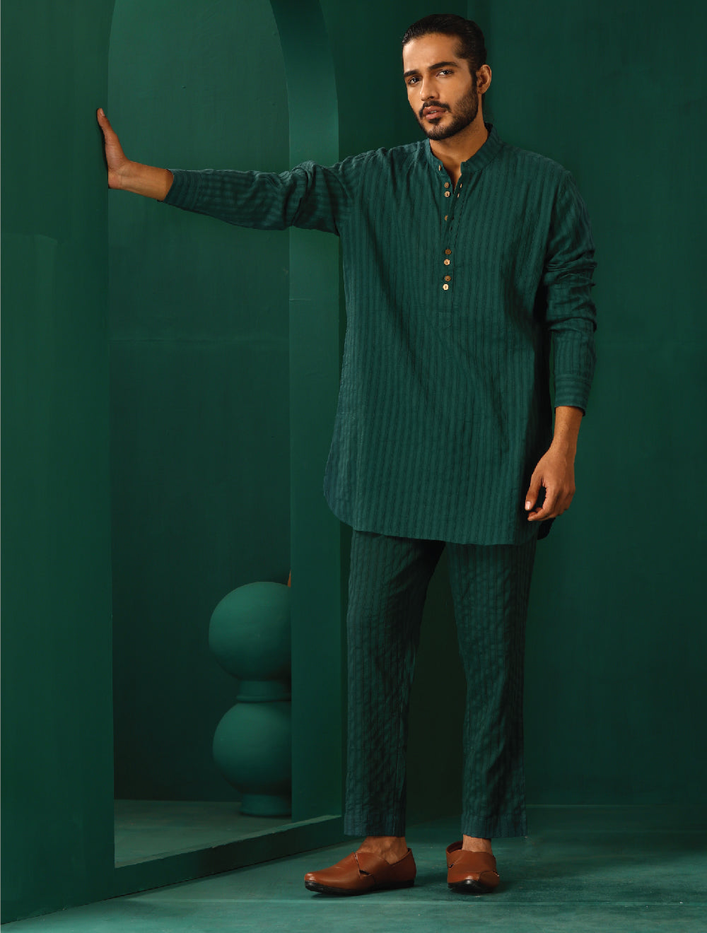 trueBrowns Men's Turquoise Dobby Co-ord Set - Swadesiicart