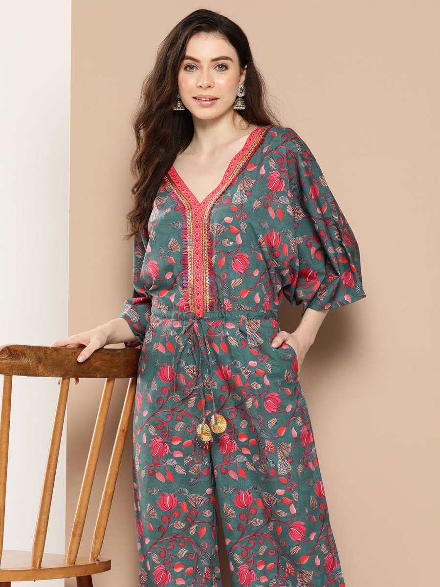Ahalyaa Printed Basic Jumpsuit with Lace Inserts | Swadesiicart