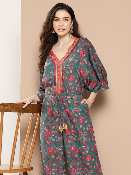 Ahalyaa Printed Basic Jumpsuit with Lace Inserts | Swadesiicart