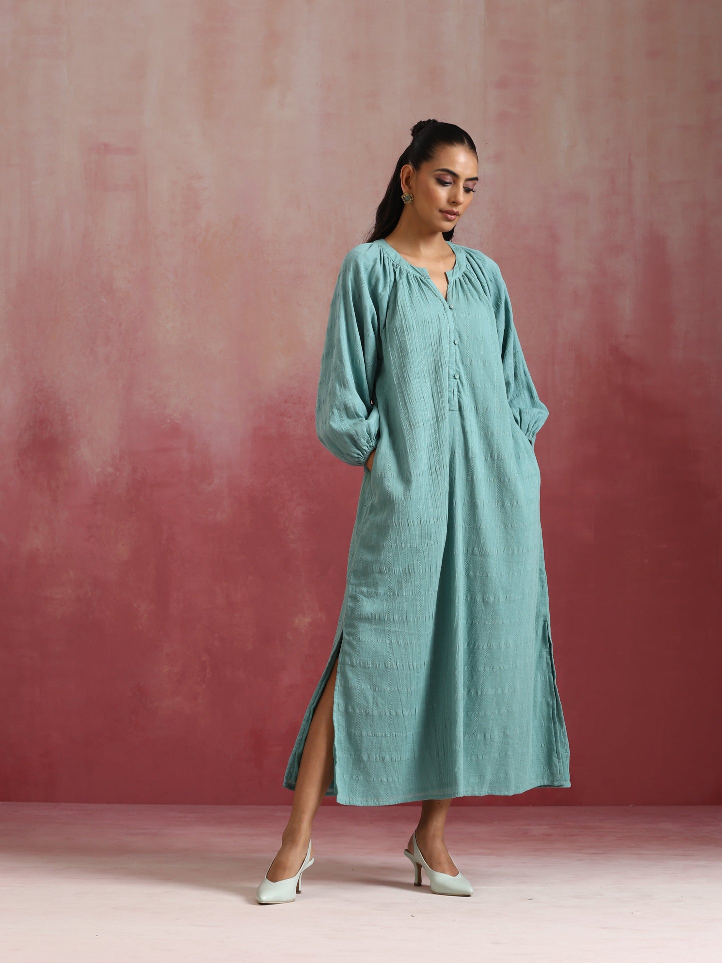 trueBrowns Aqua Blue Cotton Dobby Dress | Swadesiicart