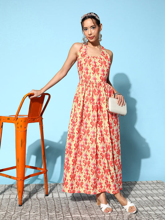InWeave Women's Orange Paisley Print Raisa Back Detail Dress - Swadesiicart