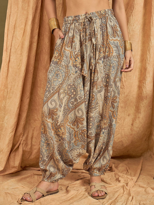 InWeave Beige Paisley Flower Harem Pant - Swadesiicart