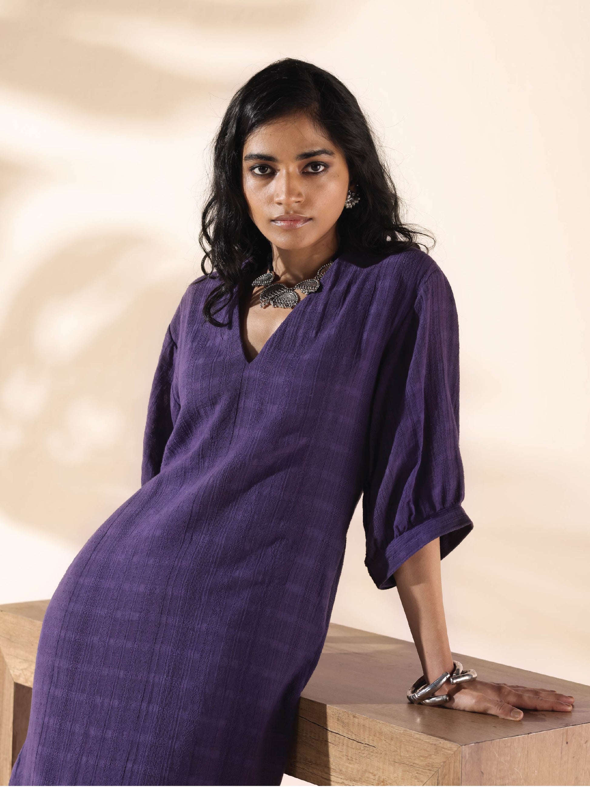 trueBrowns Purple Cotton Dobby Slit Dress | Swadesiicart