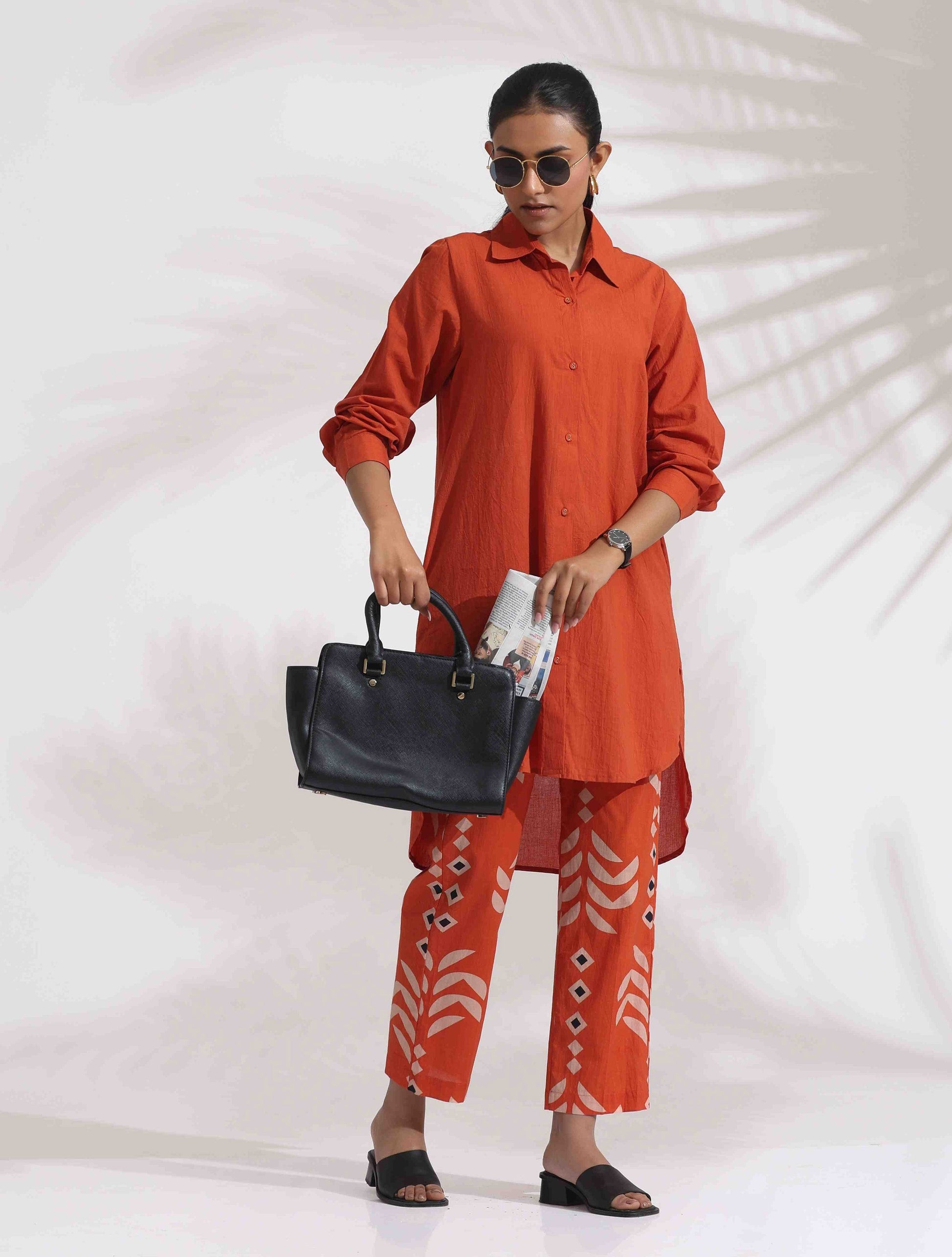 trueBrowns Orange Cotton Solid Shirt Kurta Co-ord Set - Swadesiicart