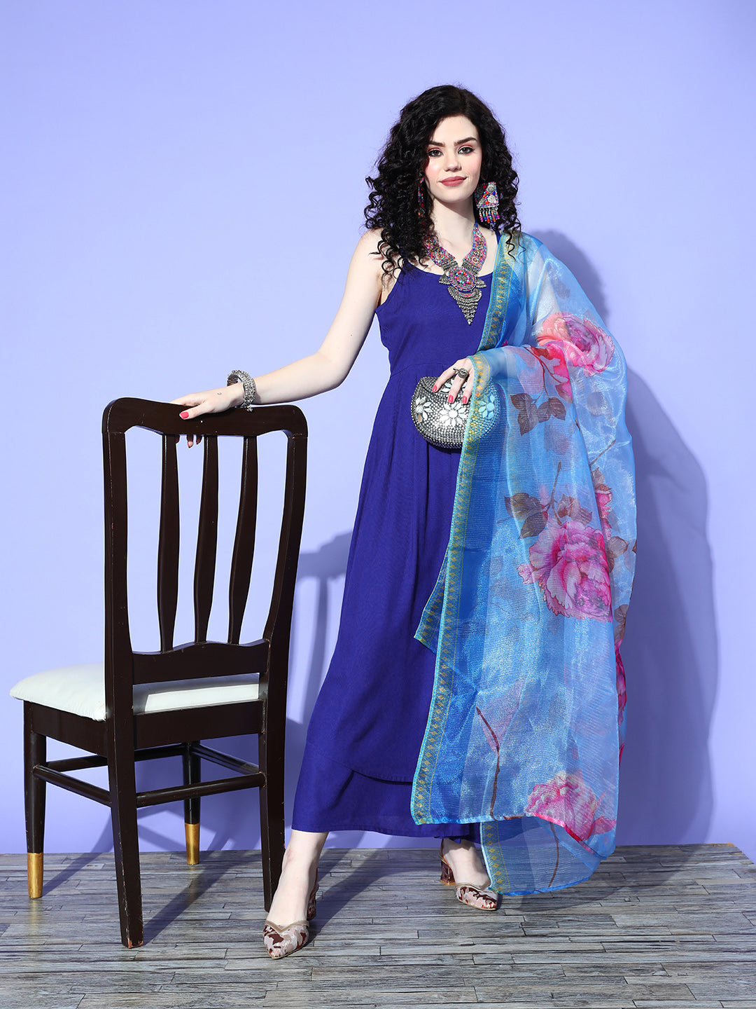 InWeave Women's Strappy Set In Ink Blue With Blue Fuschia Floral Organza Dupatta - Swadesiicart