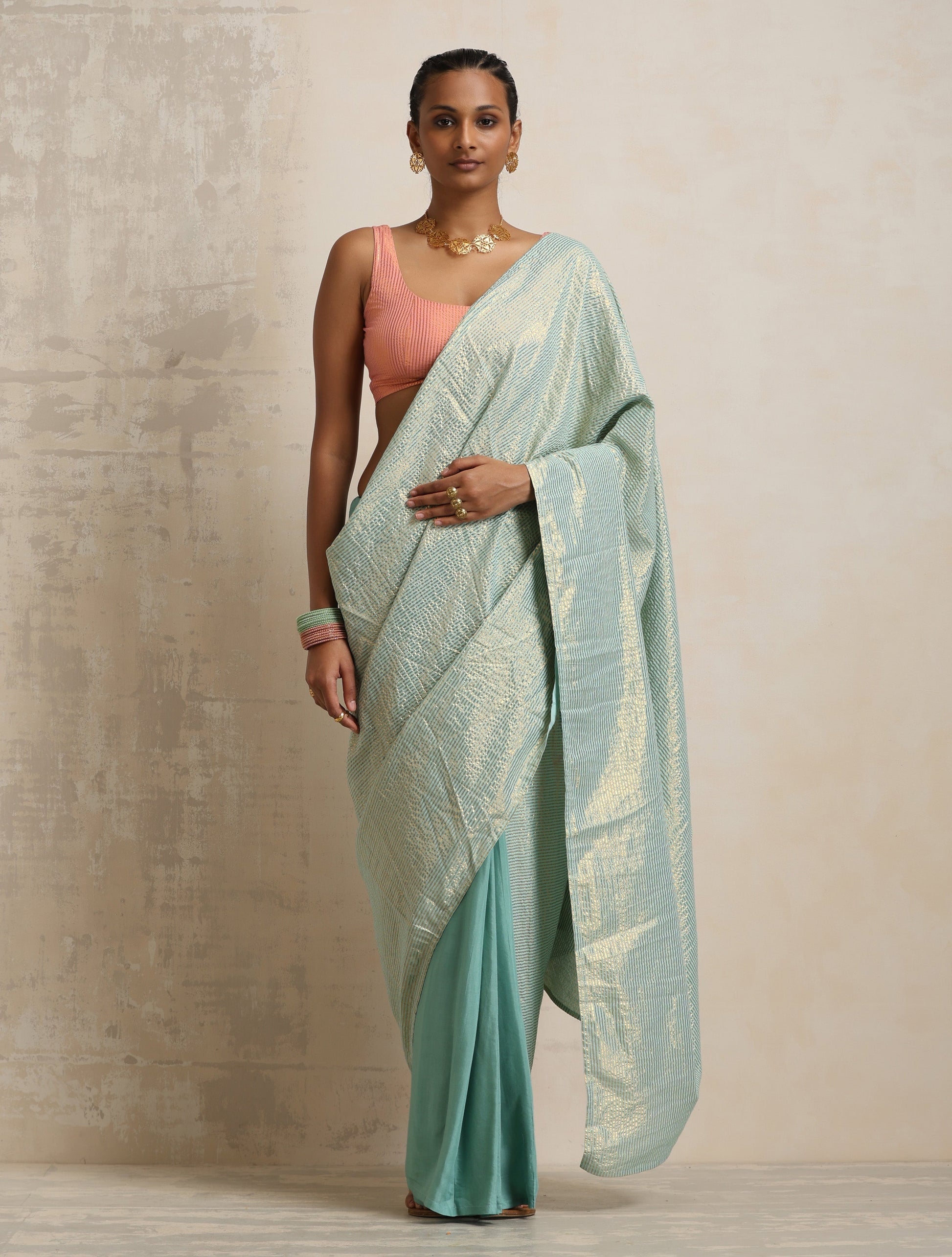 trueBrowns Blue Gold Metallic Ready To Wear Saree | Swadesiicart