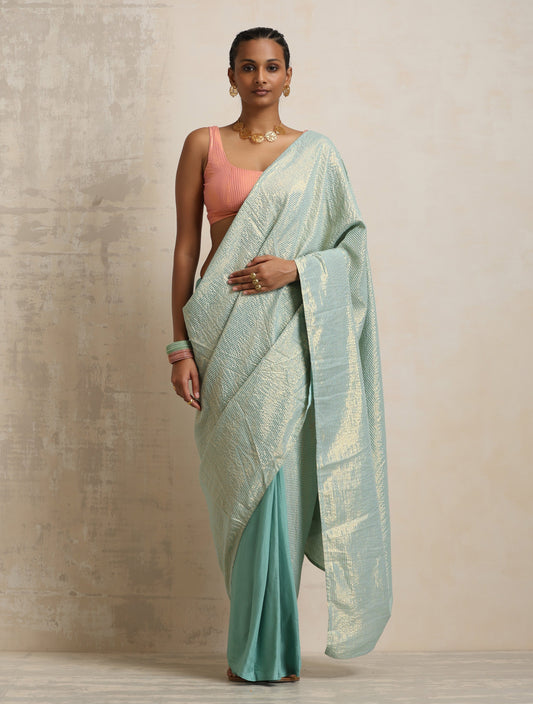 trueBrowns Blue Gold Metallic Ready To Wear Saree | Swadesiicart