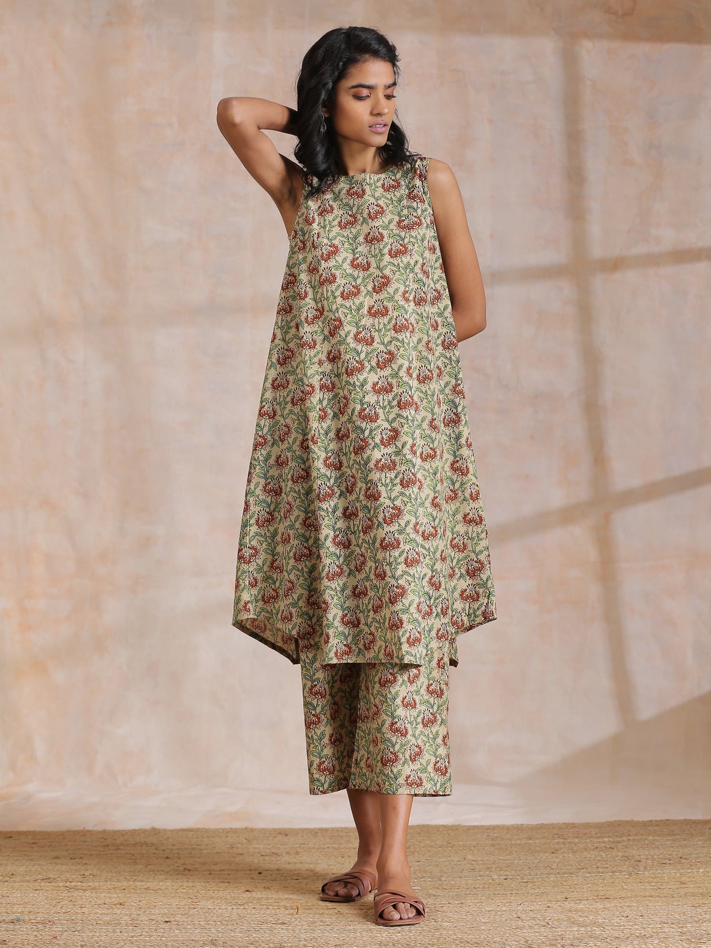 trueBrowns Beige Overall Brown Floral Block Print Cotton High-Low Co-Ord Set - Swadesiicart