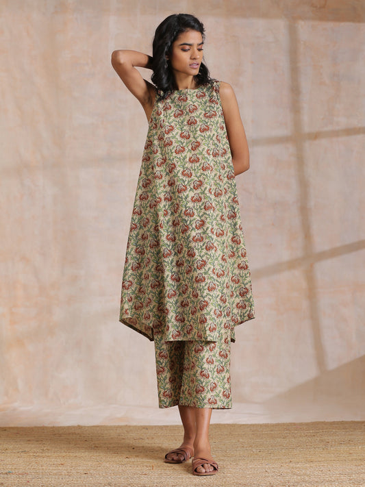 trueBrowns Beige Overall Brown Floral Block Print Cotton High-Low Co-Ord Set - Swadesiicart