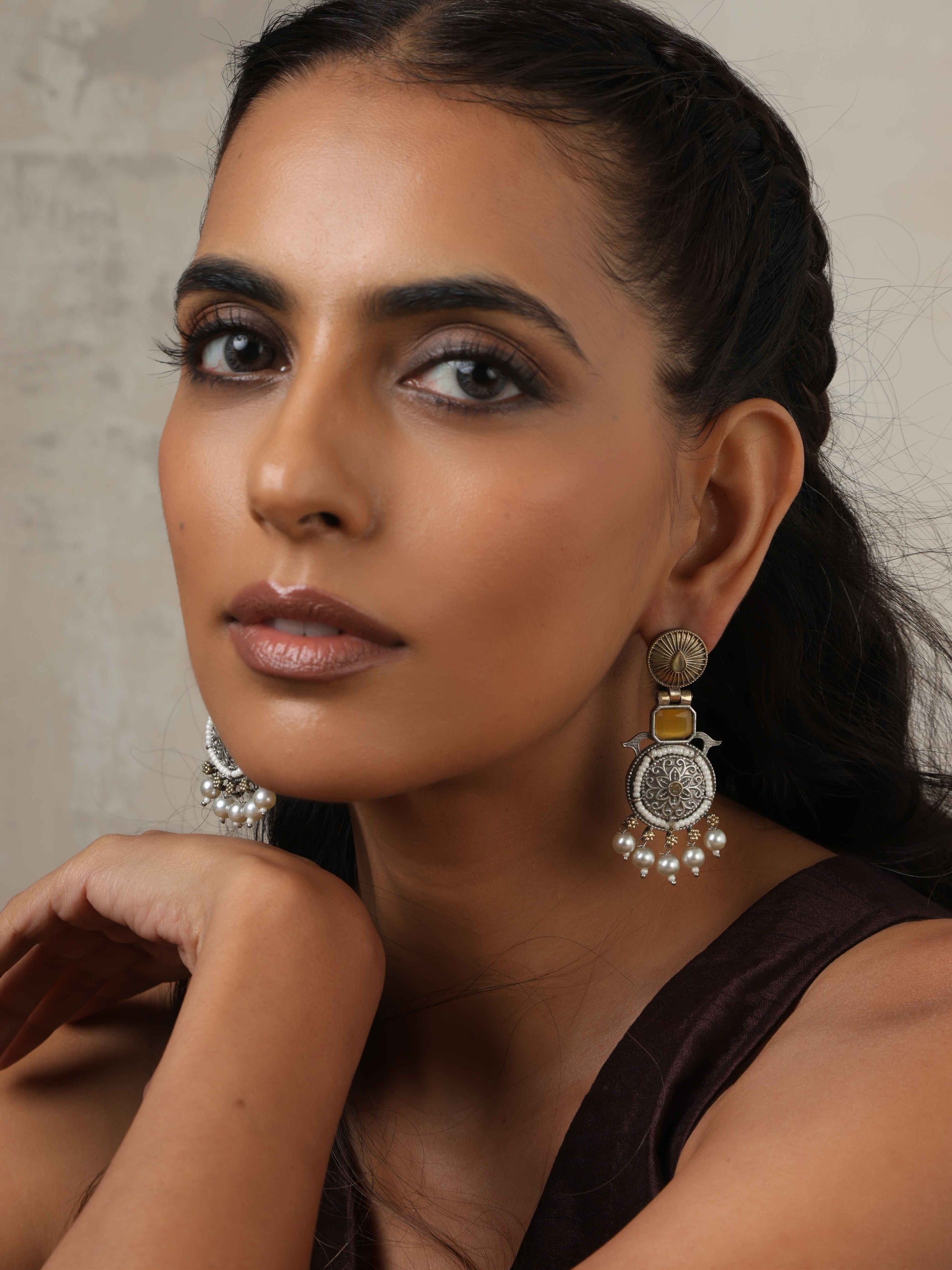trueBrowns Silver Gold Tone Meenakari Pearl Drop Earrings - Swadesiicart