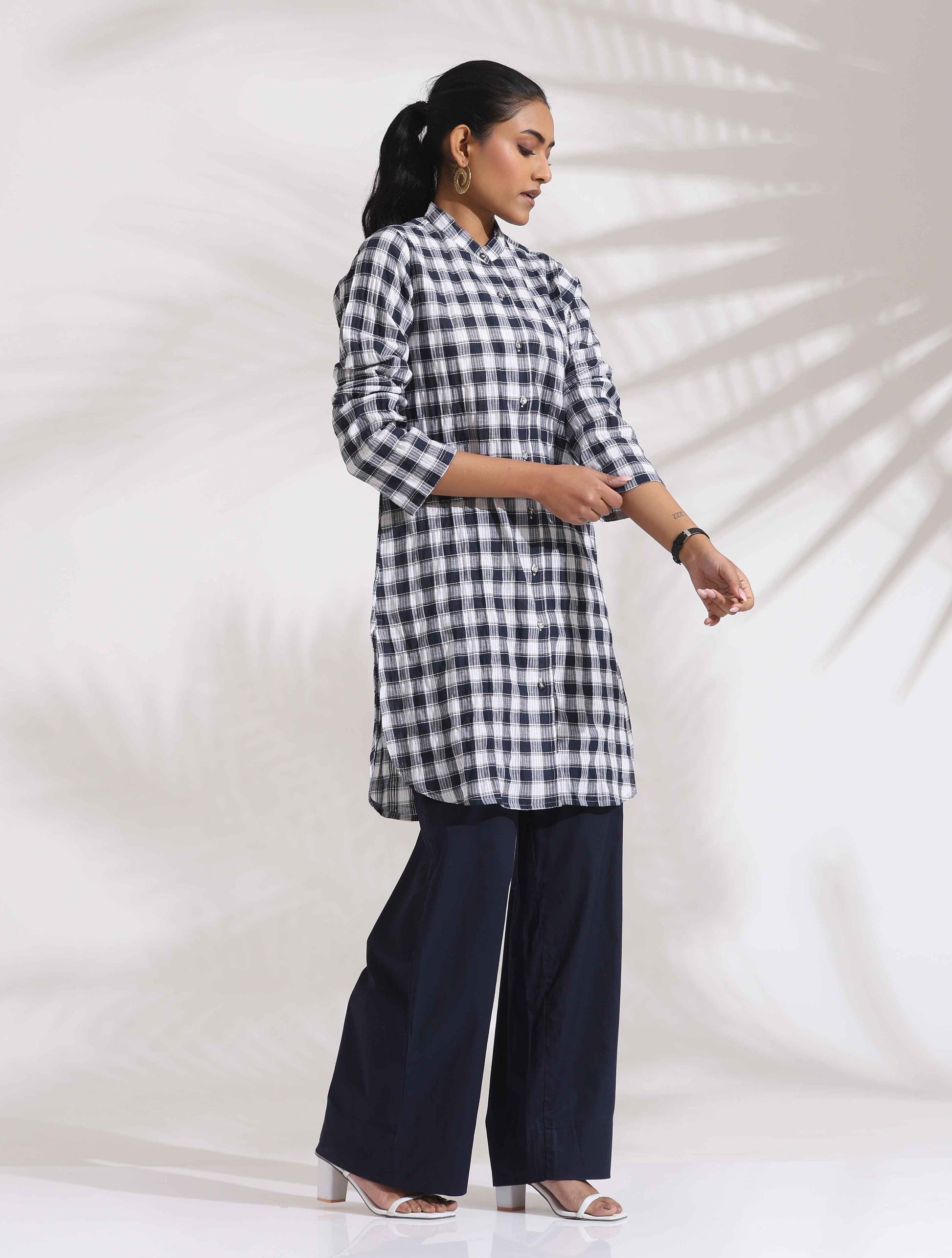 trueBrowns Blue Cotton Check Kurta Co-ord Set - Swadesiicart