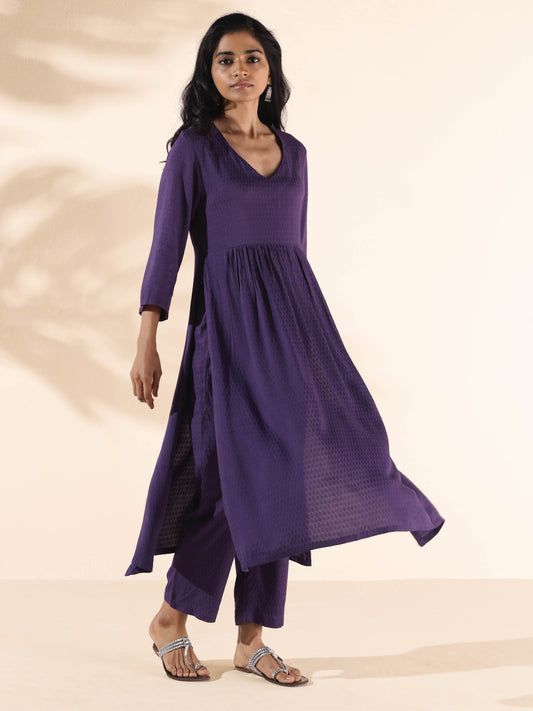 trueBrowns Purple Viscose Dobby Slit Kurta Pant Set | Swadesiicart