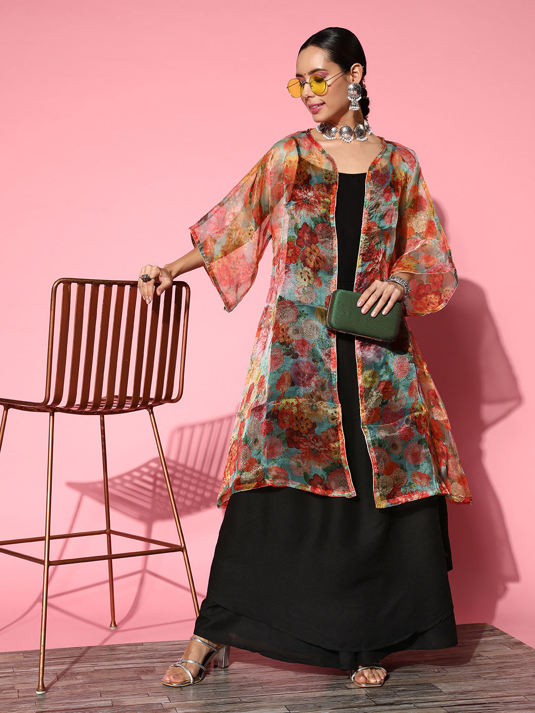 InWeave Black Strappy Set With Green Floral Organza Cape - Swadesiicart