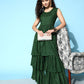 InWeave Women's Forest Green Gold Print Tiered Sharara Set - Swadesiicart