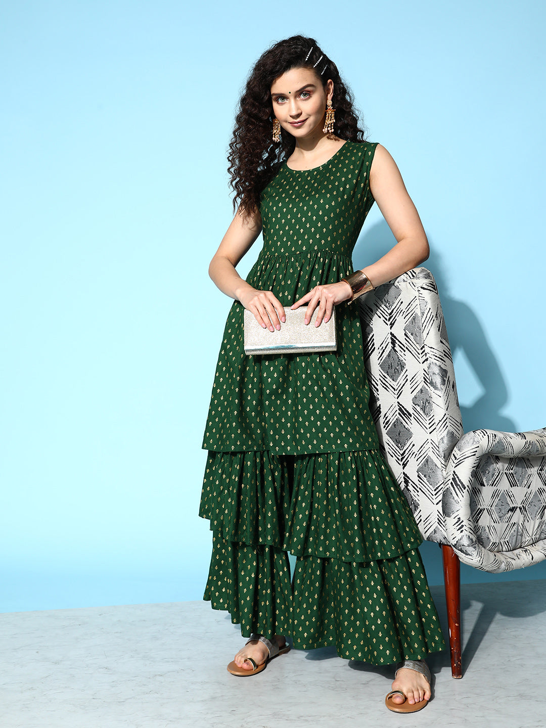 InWeave Women's Forest Green Gold Print Tiered Sharara Set - Swadesiicart