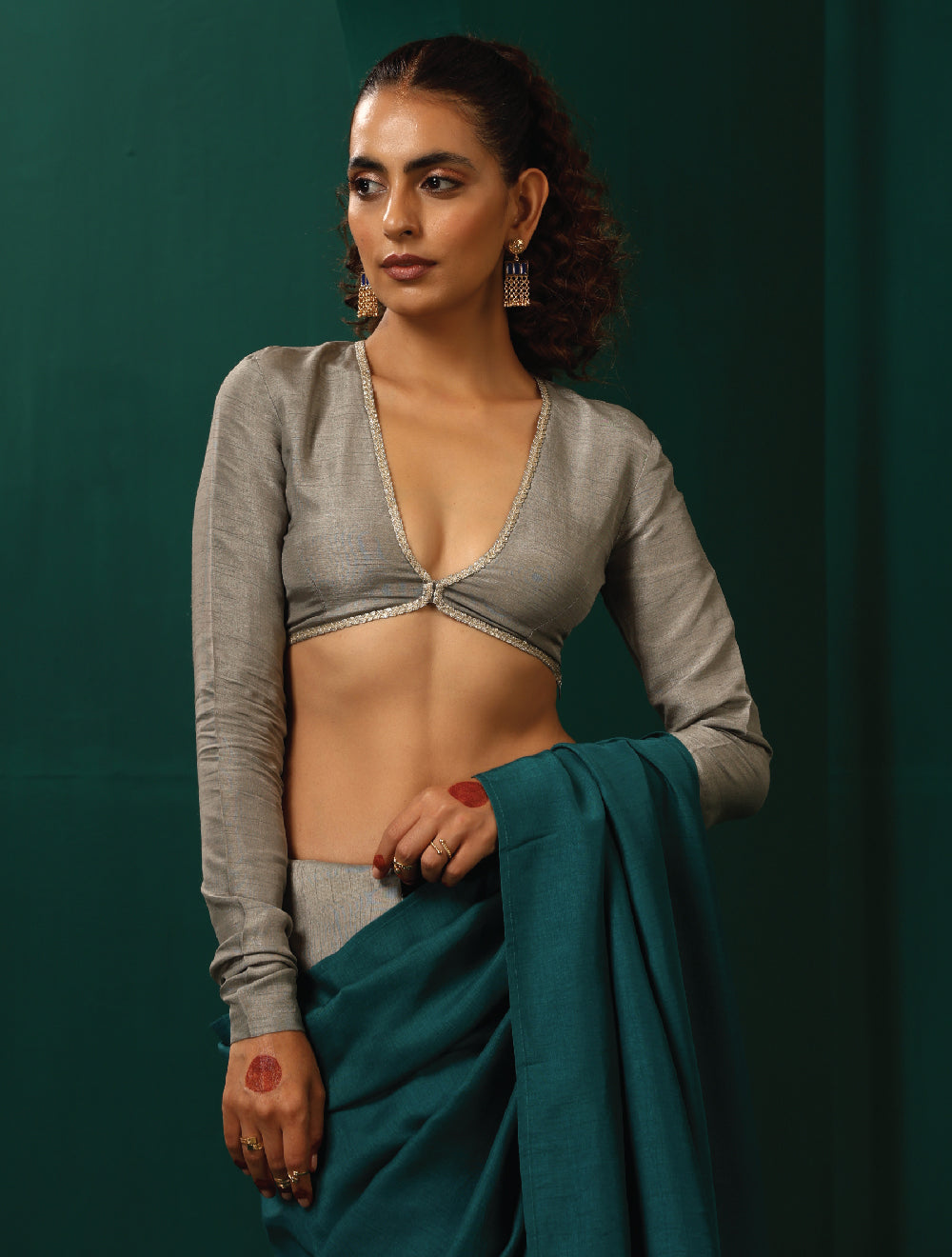 trueBrowns Grey Silk Full Sleeve Blouse | Swadesiicart