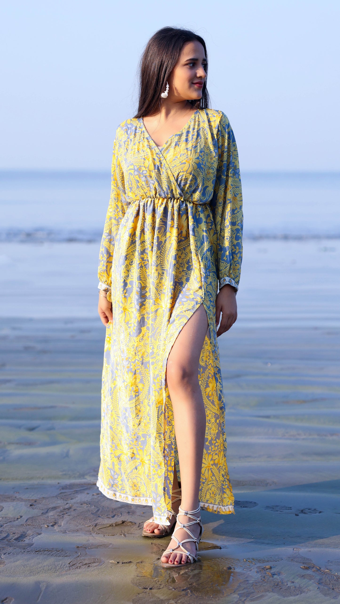 Noroke Vintage Crepe Yellow Vintage Printed Long Dress | Swadesiicart