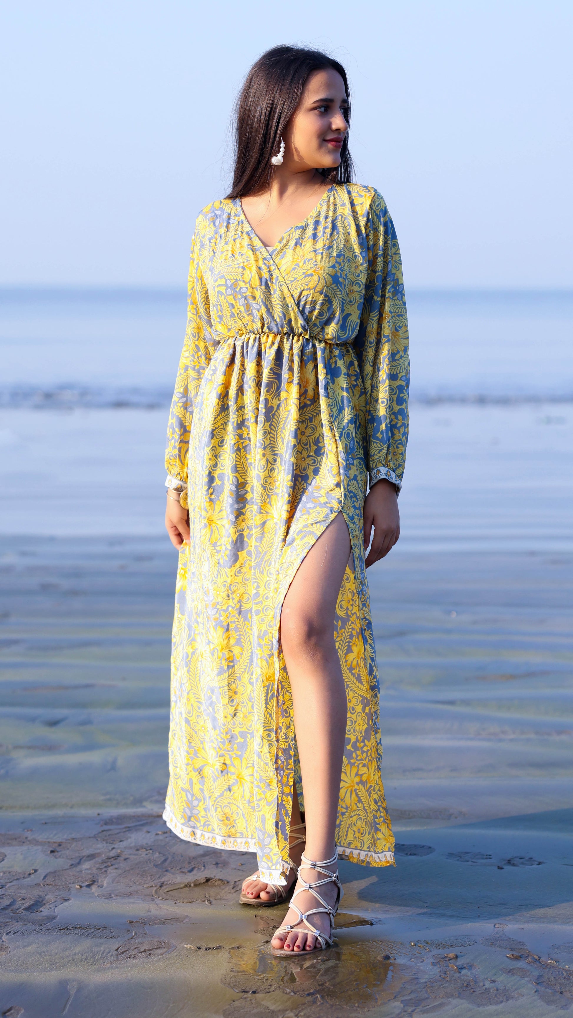 Noroke Vintage Crepe Yellow Vintage Printed Long Dress | Swadesiicart
