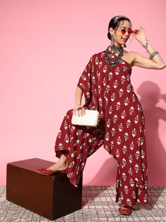InWeave Women's Maroon Boota One Shoulder Top With Palazzo Set - Swadesiicart
