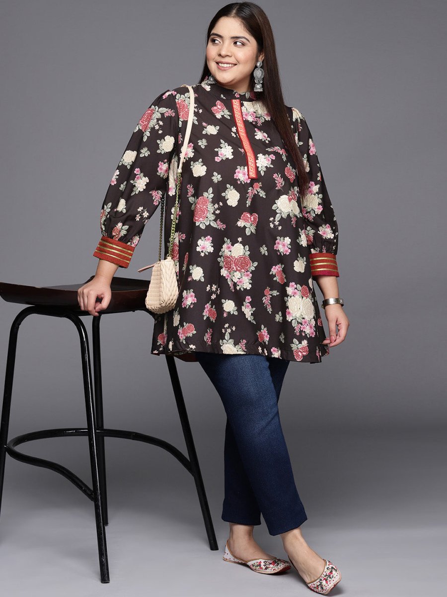 Ahalyaa Mandarin Collar Crepe Floral Printed Tunic | Swadesiicart