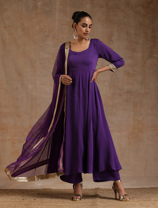 trueBrowns Violet Modal Satin Anarkali Set | Swadesiicart