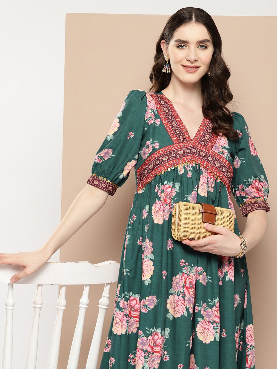 Ahalyaa Women Floral Printed Empire Ethnic Dress | Swadesiicart
