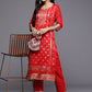 Ahalyaa Women Red Ethnic Motifs Kurta with Trousers | Swadesiicart