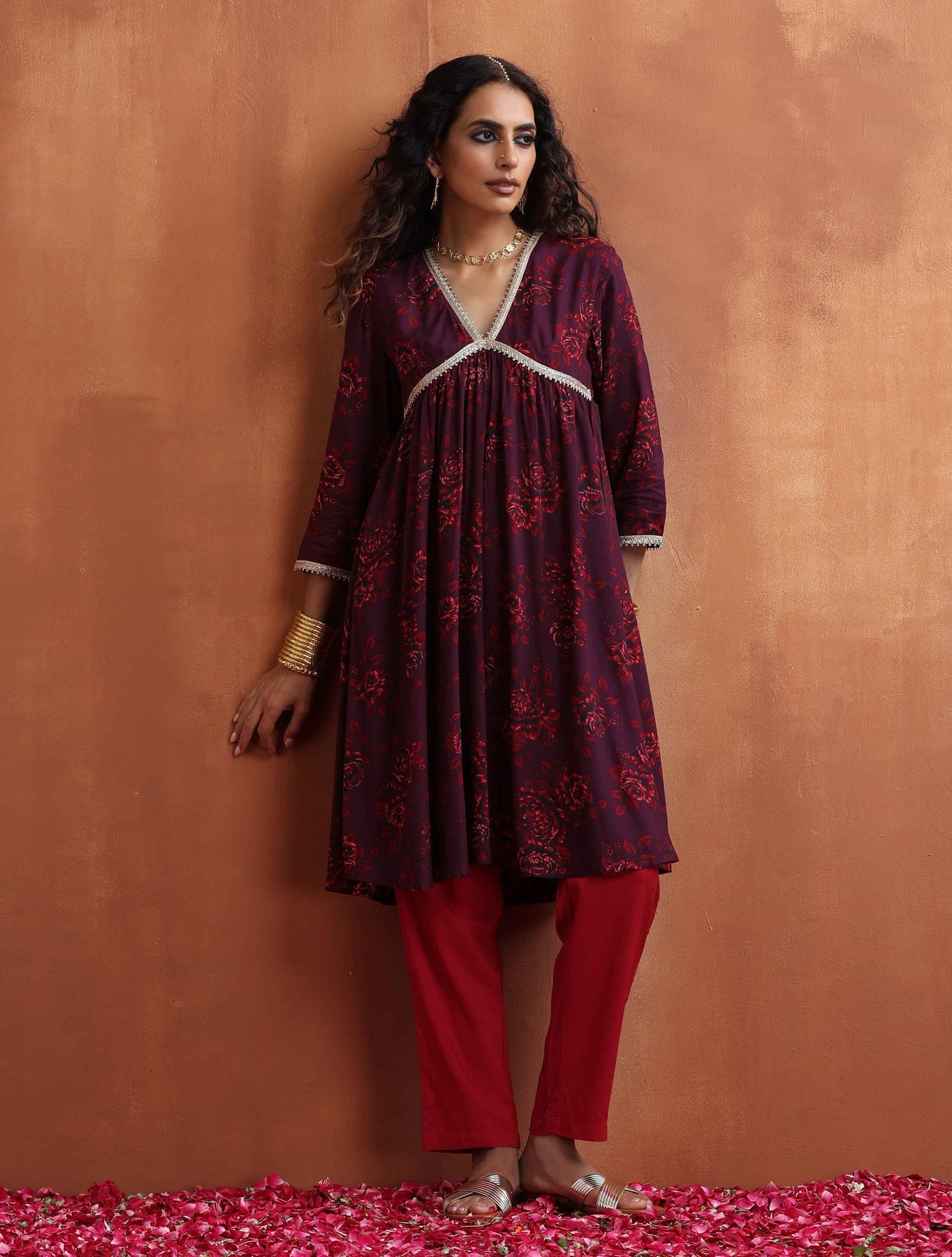 trueBrowns Purple Floral Print Anarkali Kurta Co-ord Set - Swadesiicart