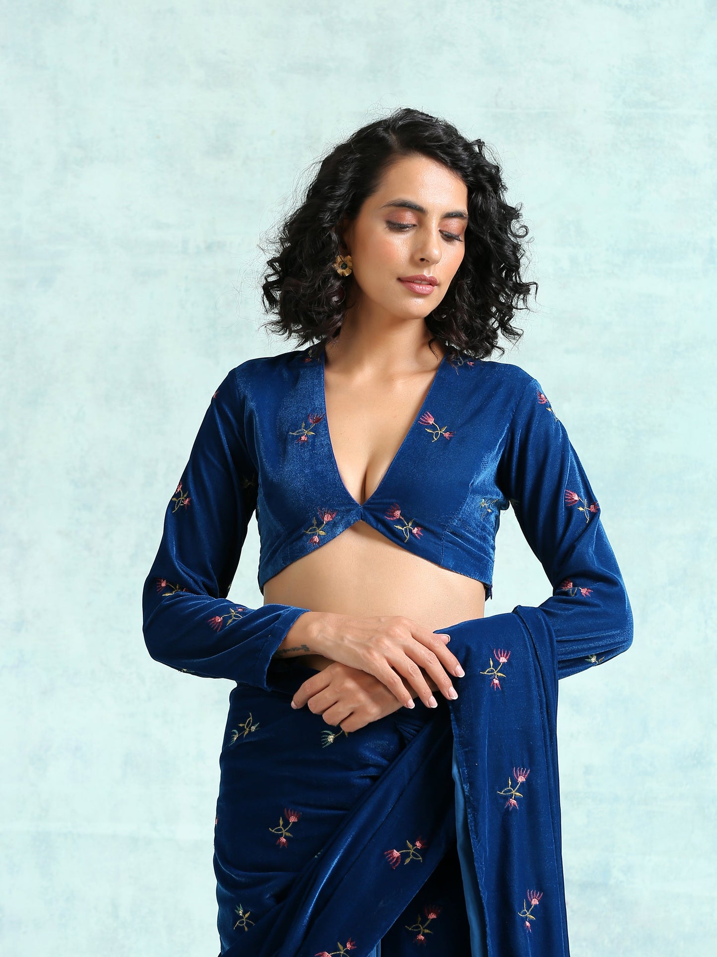 trueBrowns Blue Embroidered Velvet Blouse | Swadesiicart