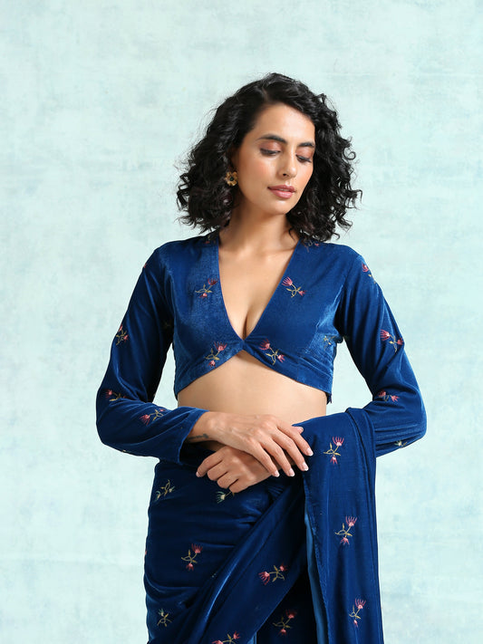 trueBrowns Blue Embroidered Velvet Blouse | Swadesiicart