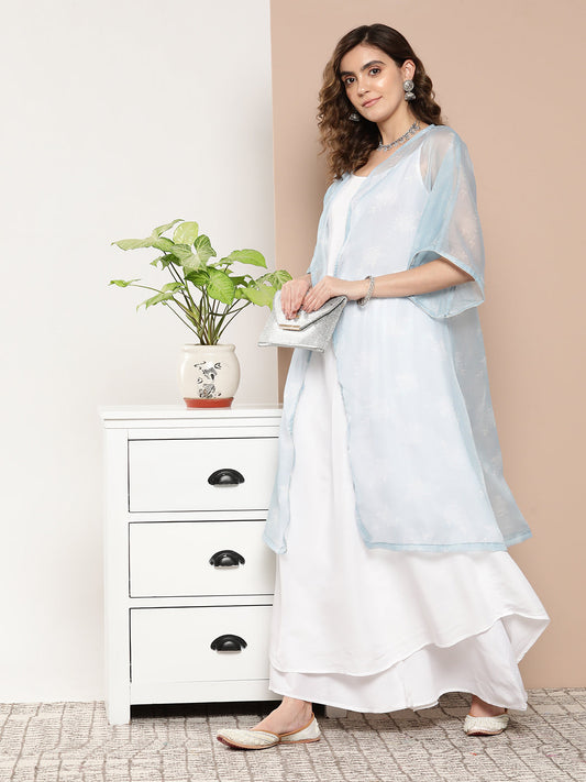 InWeave Women's Cream Strappy With Blue White Chintz Organza Cape - Swadesiicart