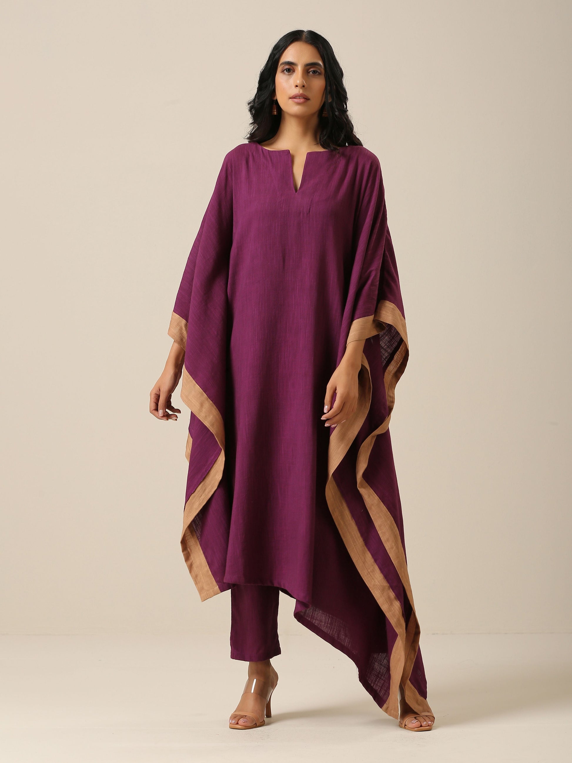 trueBrowns Plum Purple Slub Texture High Low Kaftan Pant Set | Swadesiicart