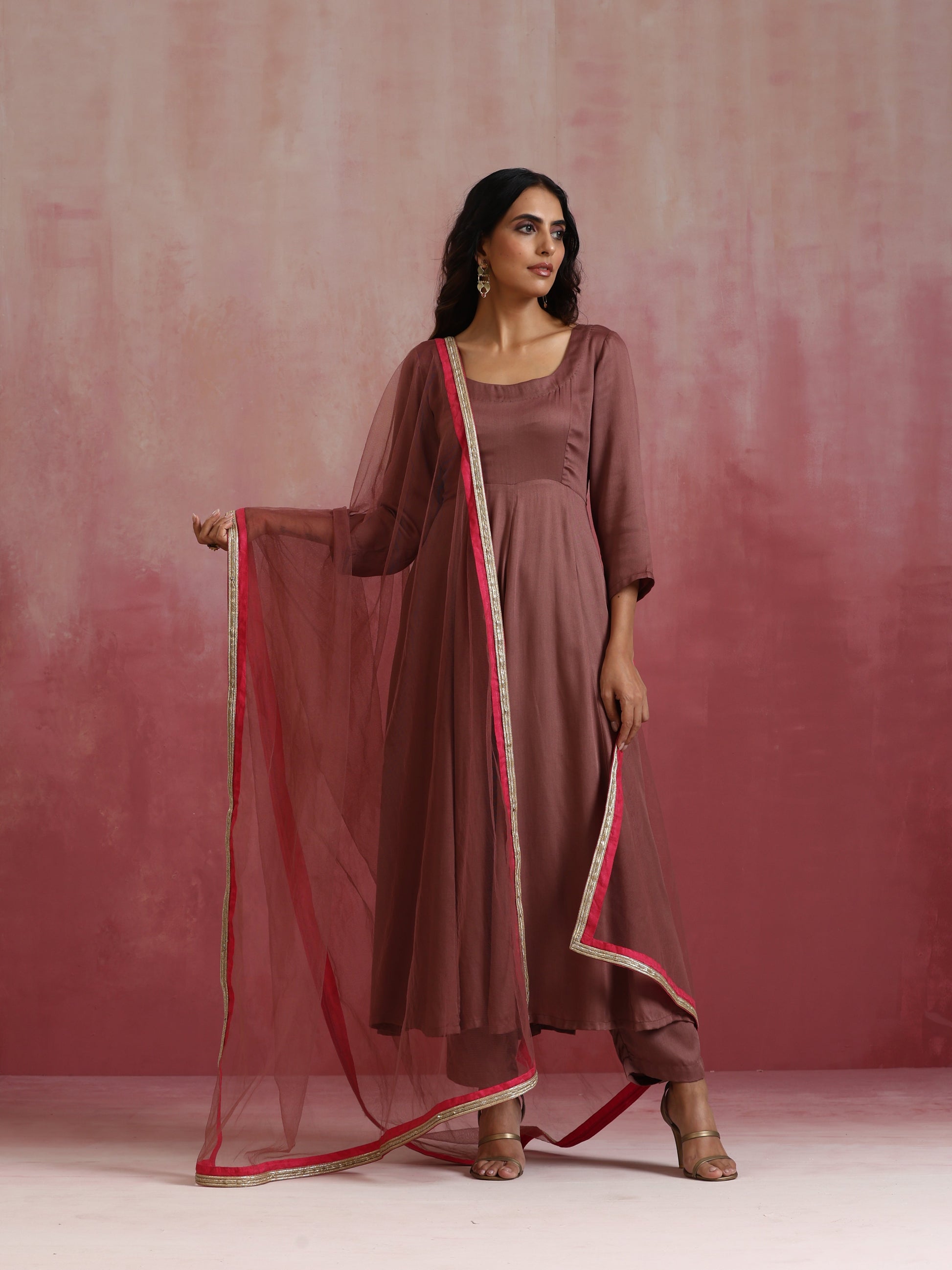 trueBrowns Brown Modal Anarkali Kurta Set | Swadesiicart