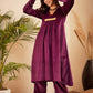 InWeave Women's Wine V Neck Asymmetrical Pleated Velvet Kurta Set - Swadesiicart