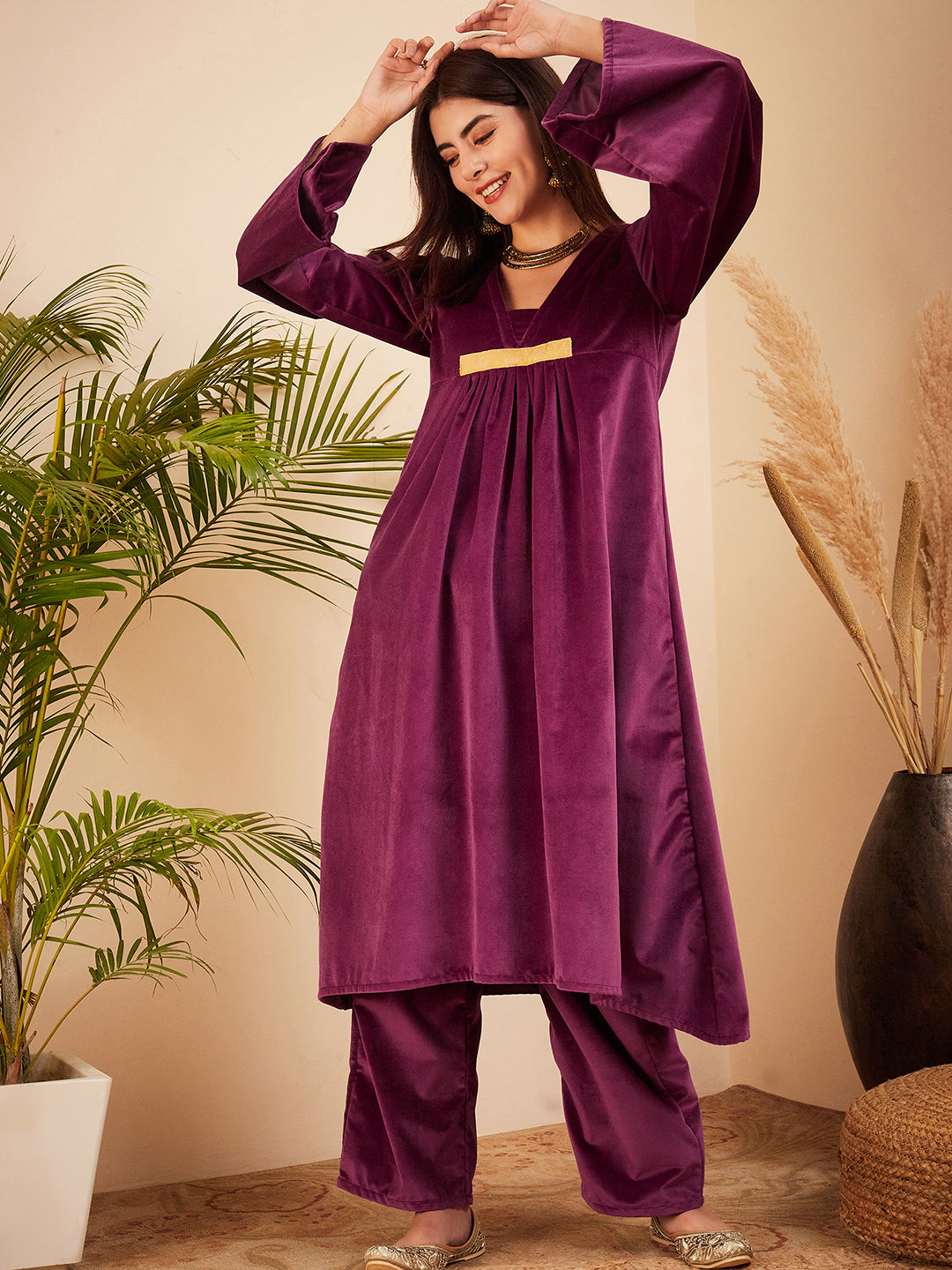 InWeave Women's Wine V Neck Asymmetrical Pleated Velvet Kurta Set - Swadesiicart
