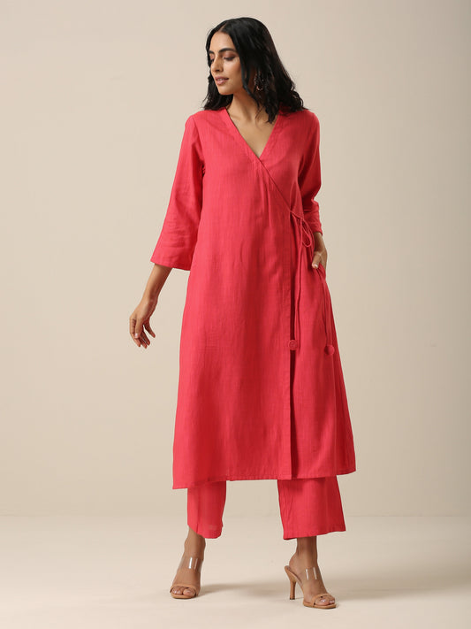 trueBrowns Bright Pink Slub Texture Angrakha Pant Set | Swadesiicart