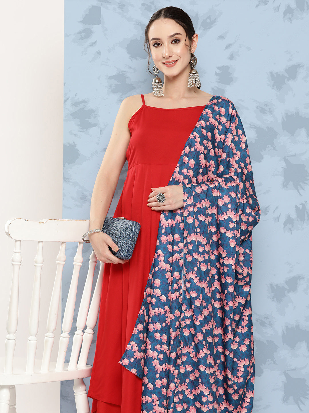 InWeave Women's Red Strappy Set W Navy Pink Lotus Cr Duptta - Swadesiicart