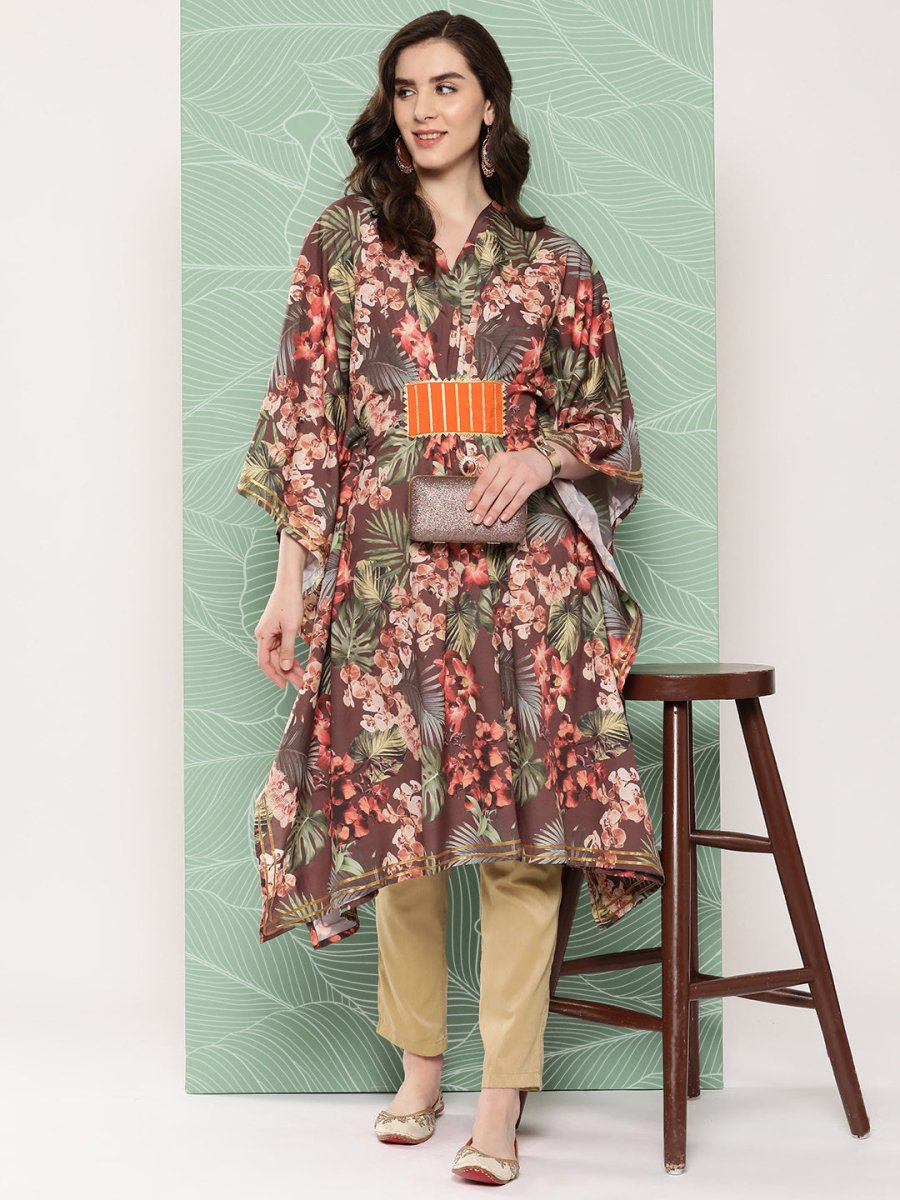 Ahalyaa Women Floral Printed Flared Sleeves Gotta Patti Crepe Kaftan Kurta | Swadesiicart
