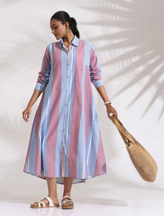 trueBrowns Blue Cotton Stripe Flared Shirt Dress | Swadesiicart