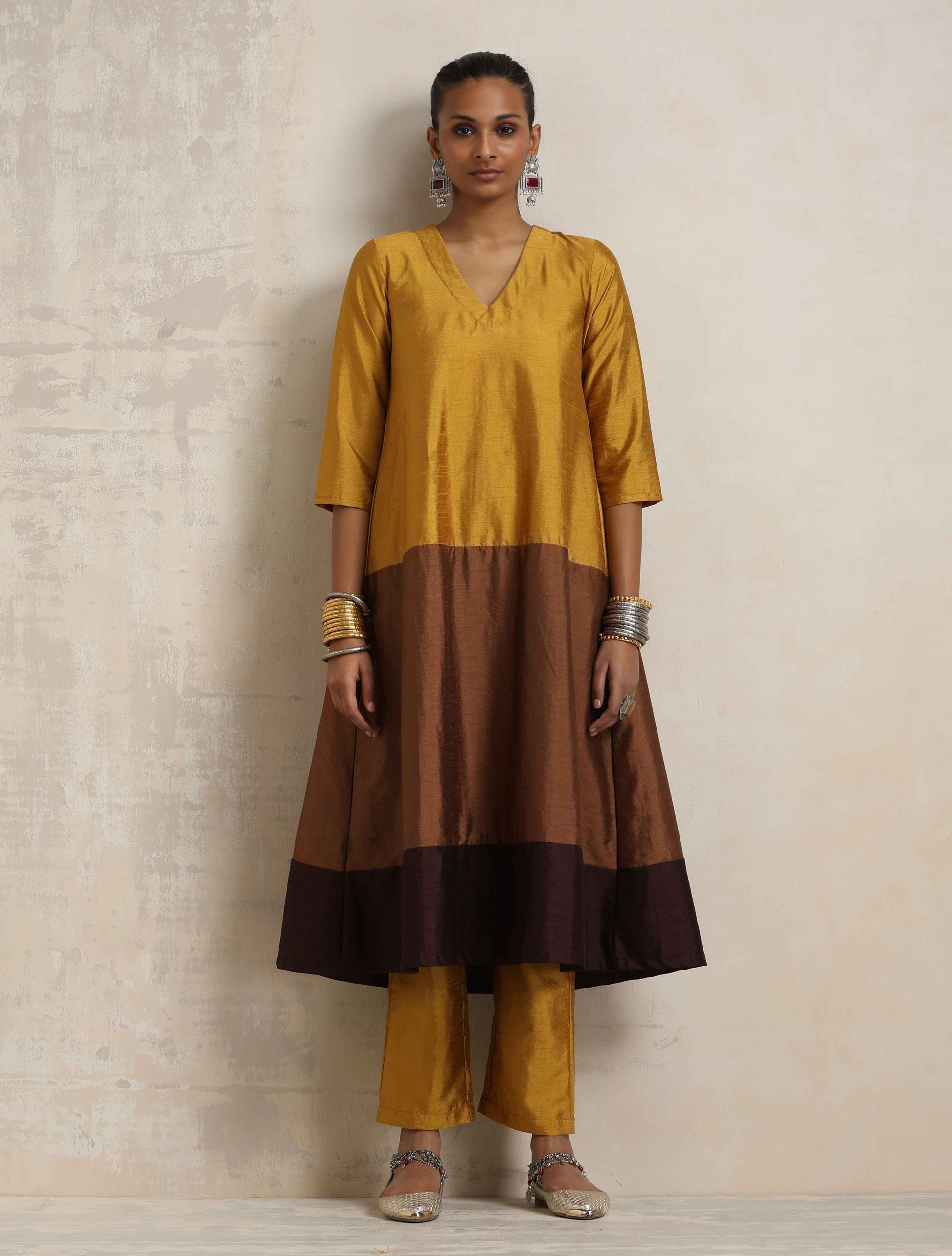 trueBrowns Gold Brown Silk A-line Kurta Set | Swadesiicart