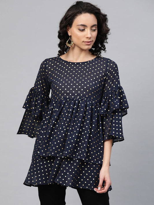 Ahalyaa Women Navy Blue & Golden Polka Dots Print Tiered Beautiful Tunic | Swadesiicart